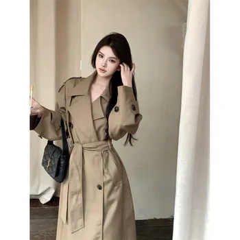 Elegáns Női Bőr Árok Hosszú Ujjú Streetwear Koreai Divat Kabátok Évjárat Elegáns Hajtóka 2023 Új Őszi Téli Kabát