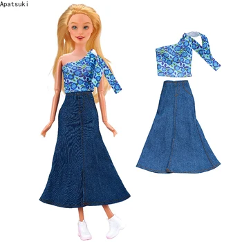 Kék Váll Ruhák Barbie Baba Ruhák Set Top Hosszú Farmer Szoknya, Divat, Őszi 1/6 Babák Kiegészítők Gyerekek DIY Játékok