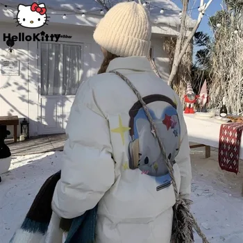 Sanrio Hello Kitty Fehér Bélelt Kabát Női Téli Meleg Pamut Kabát Esztétikai Rajzfilm Nyomtatási Koreai Cipzár Maximum Csillag Kabátok Y2k