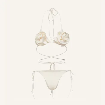 szexi 3D-s fehér virág string micro mini bikini szett két darab, magas derék háromszög bikini fürdőruha női fürdőruha biquini