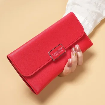 Új női pénztárca koreai változat három-szeres hosszú kockás csat, kezében táska multi-card pu bőr pénzcsipesz kártya táska